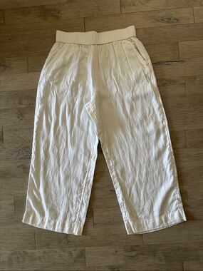 Tahari 100% Linen White Elastic Waist Wide-Leg Pull on Pants Size Large